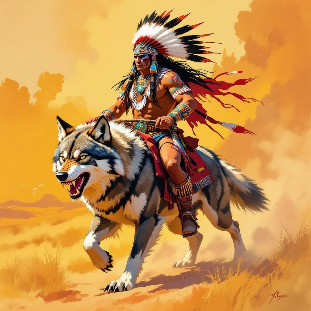 Apache Chief Rides a Wolf in Abstract Watercolor Style