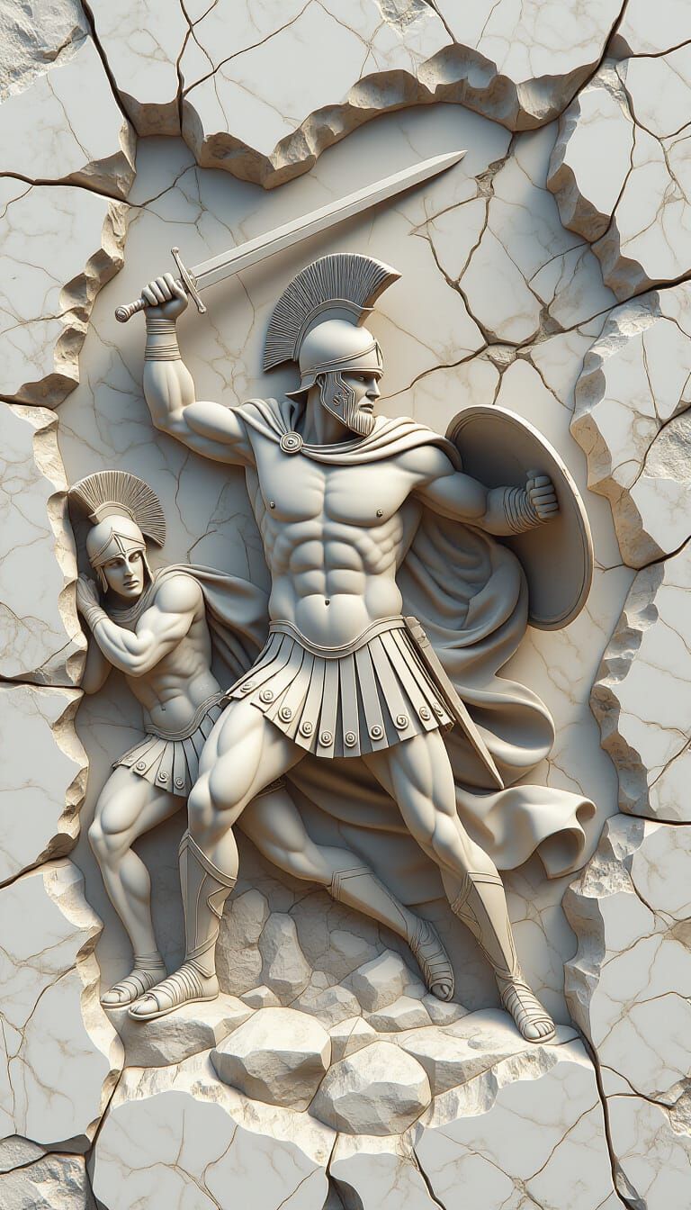 Hyperrealistic 3D Marble Relief of Ancient Battle