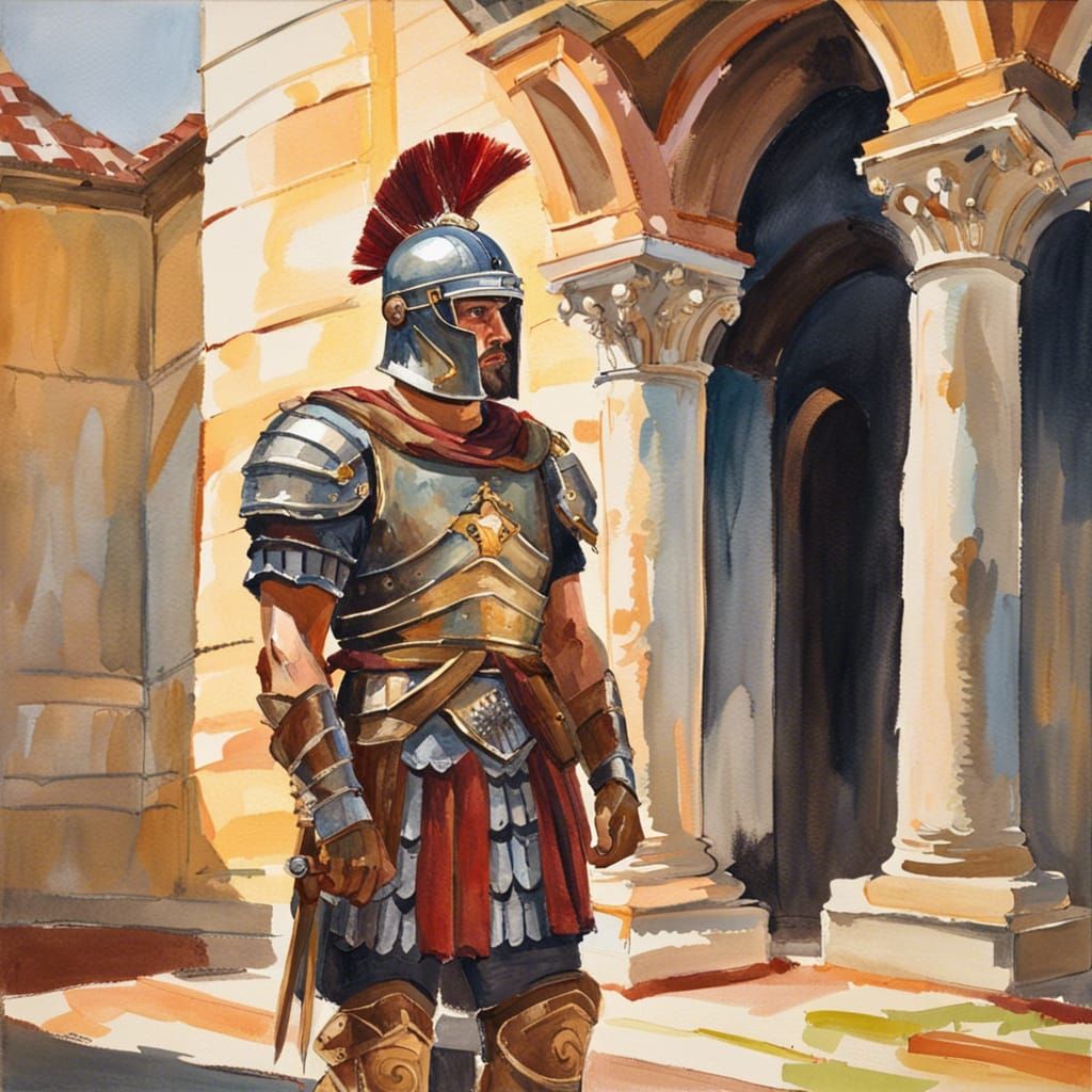 Gothic Roman Soldier in Sunlight: Gouache Watercolor