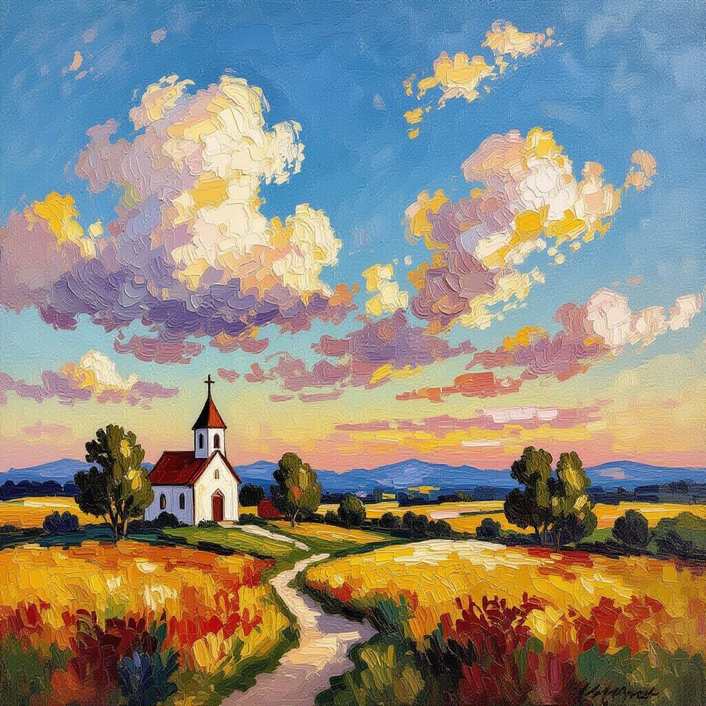 Impressionist Oil Painting of a Vast Plain with Church