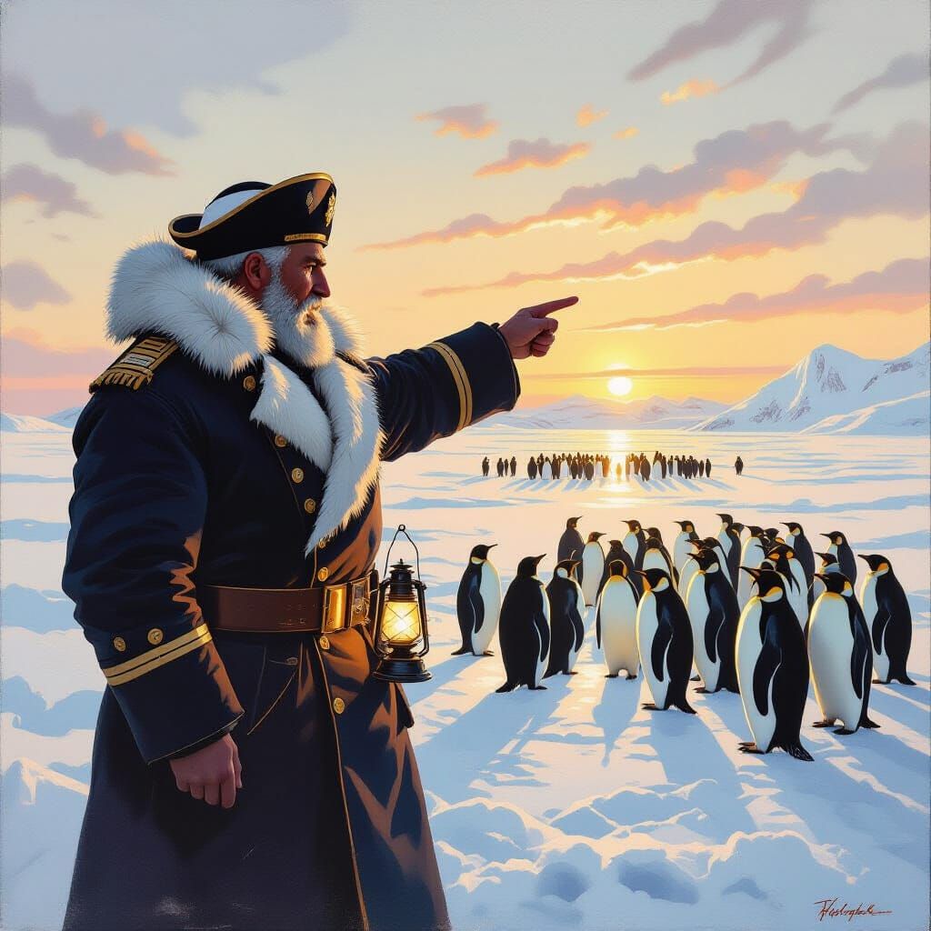 Admiral Discovers Penguin Colony in Oil Painting Style