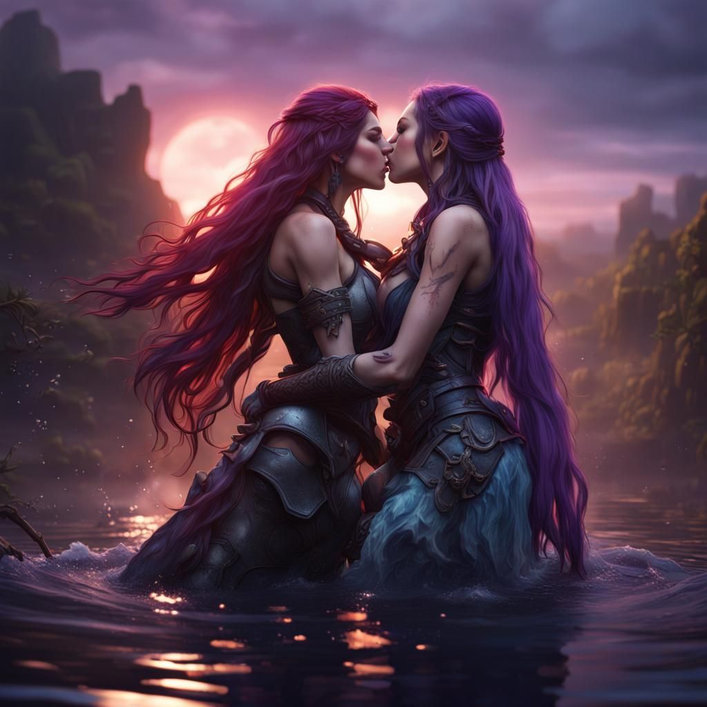 Two Purple-Haired Women Kissing: Detailed Matte Painting