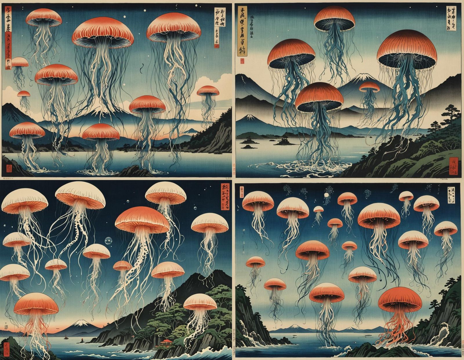 Surreal Fuji Jellyfish in Japanese Print Style