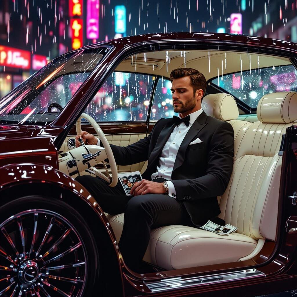 Man Cries in Chocolate Car: Neon City Reflection