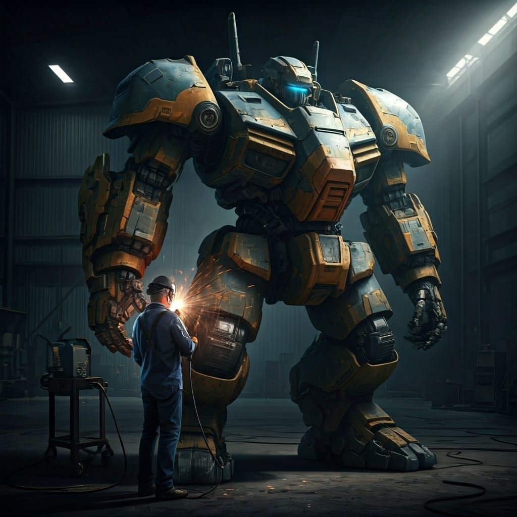 Engineer Welds Invincible Robot with Chain Sword