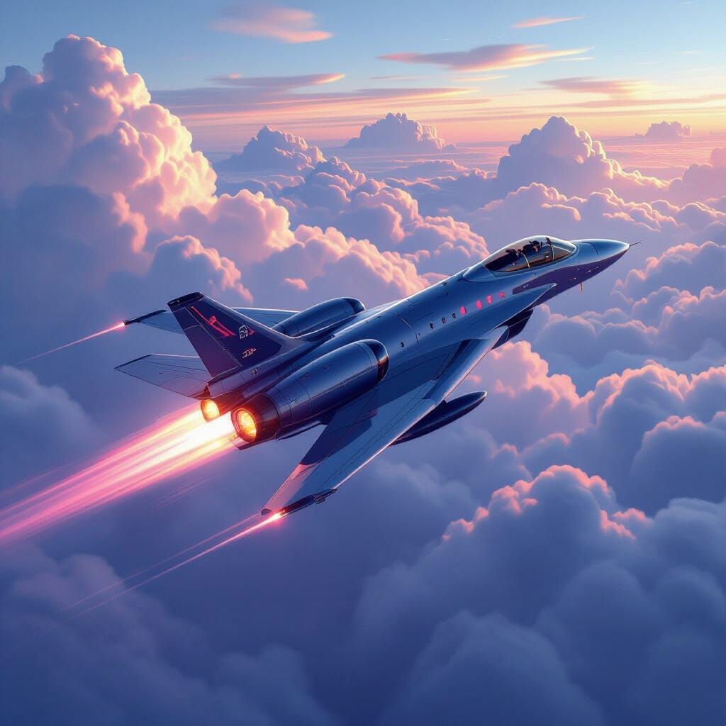 Futuristic Jet Soars Through Neon Clouds