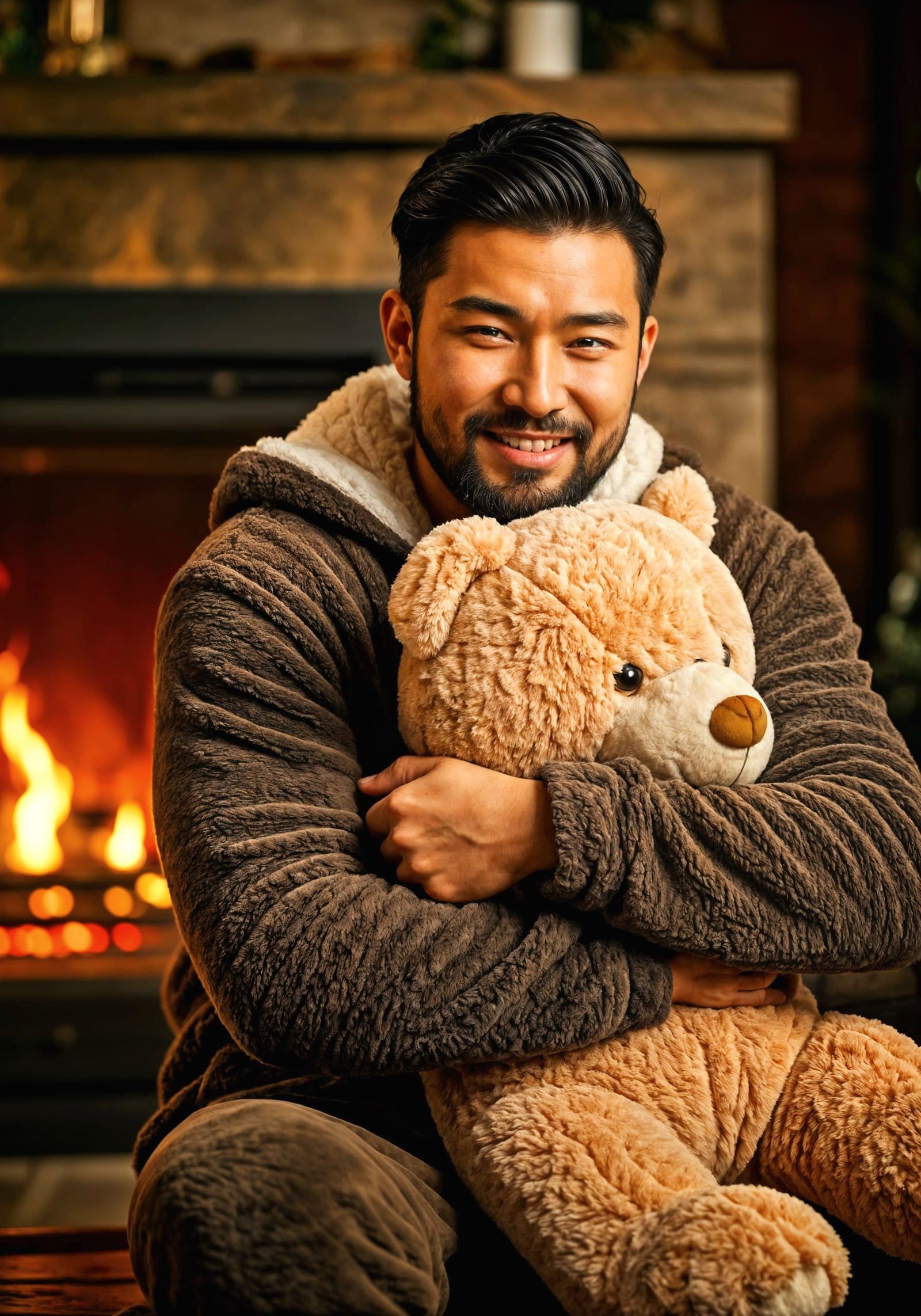 Cozy Chinese Gentleman Sits by Fireplace with Teddy Bear