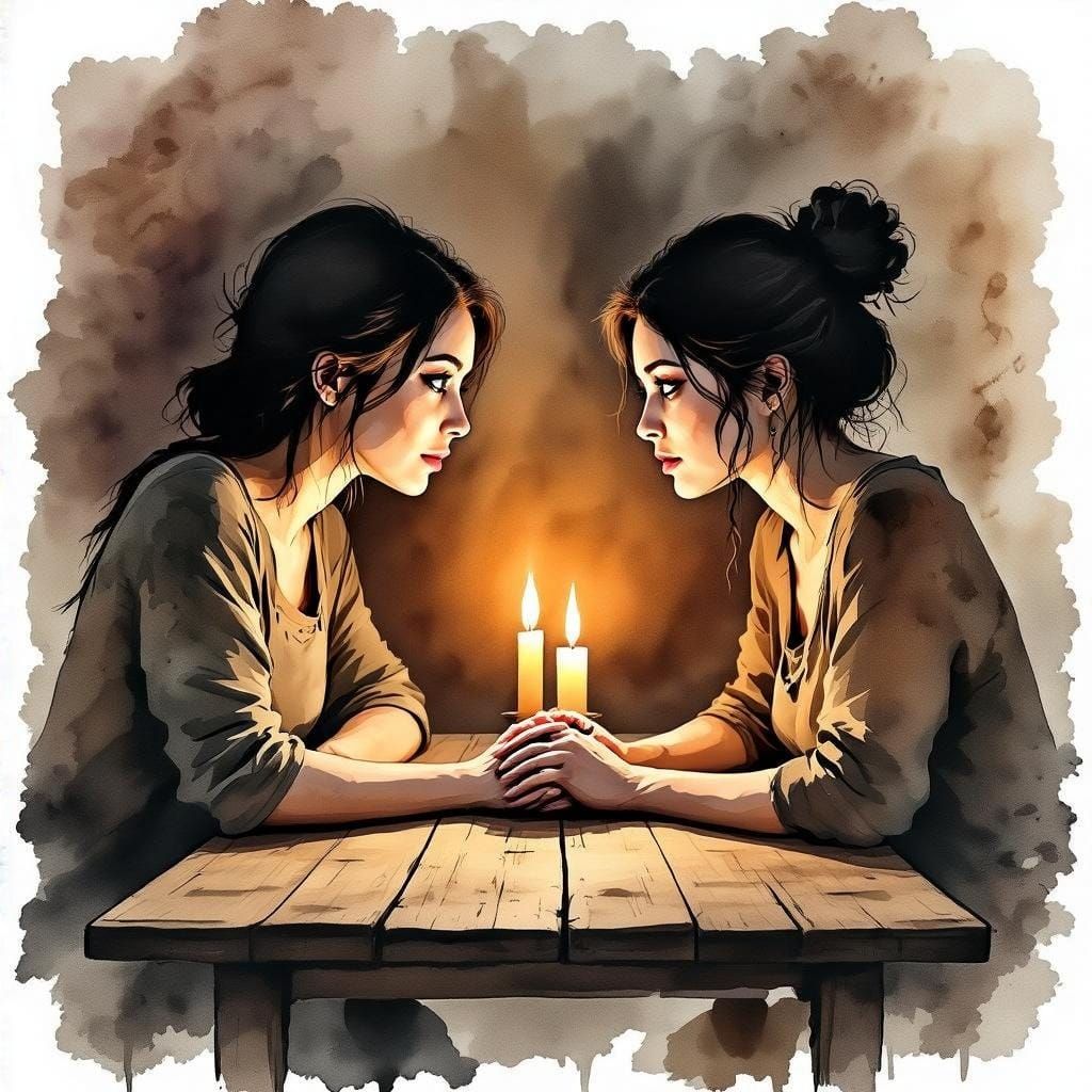 Two Women in Candlelit Intimacy, Ink Wash and Watercolor