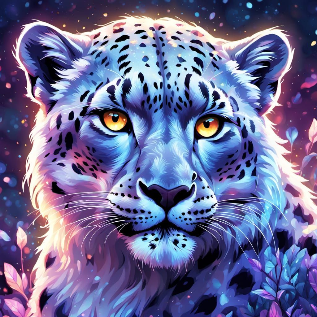 Snow Leopard Dryad in a Field of Crystal Flowers