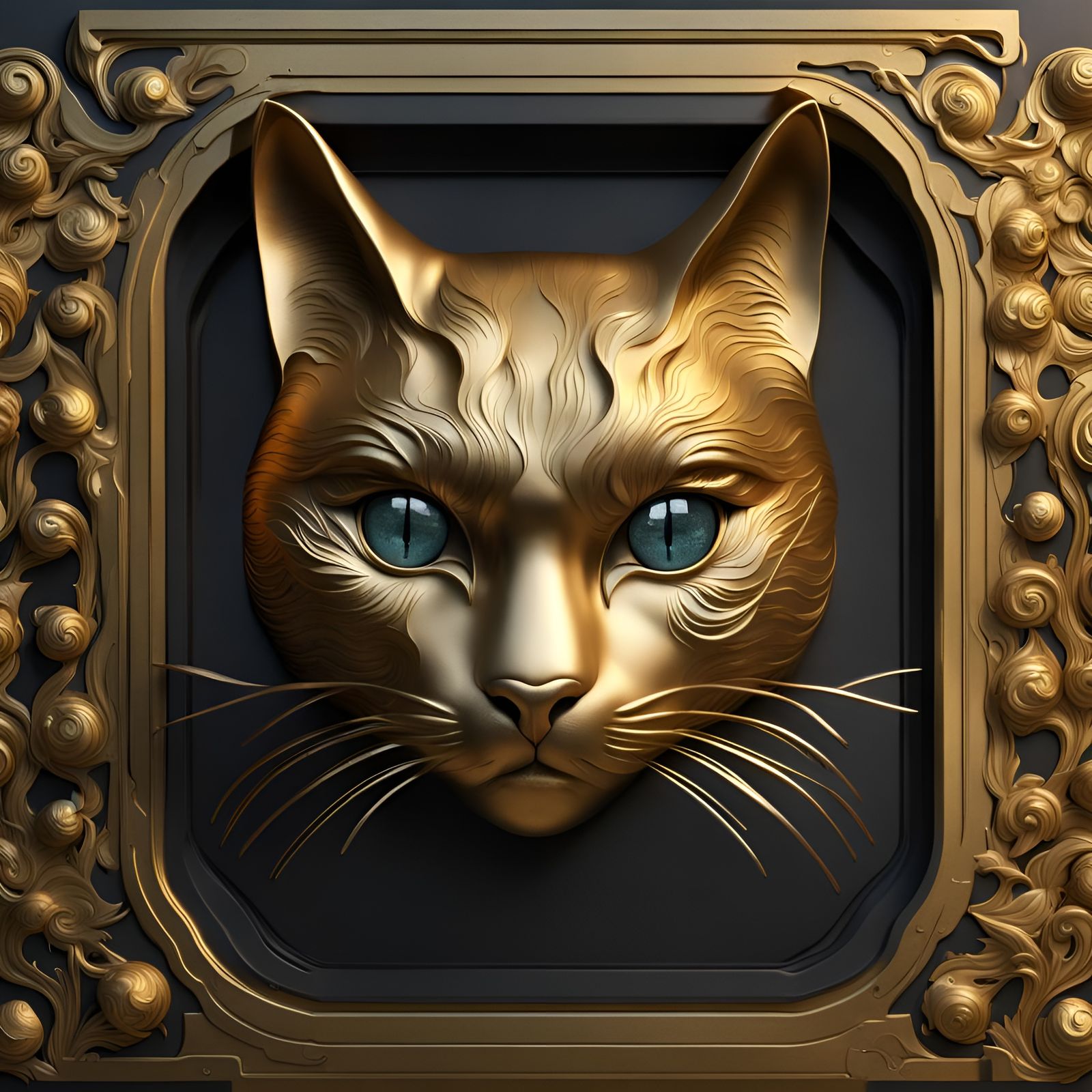 Gold Bas-Relief Cat Face with Hyperrealistic Eyes