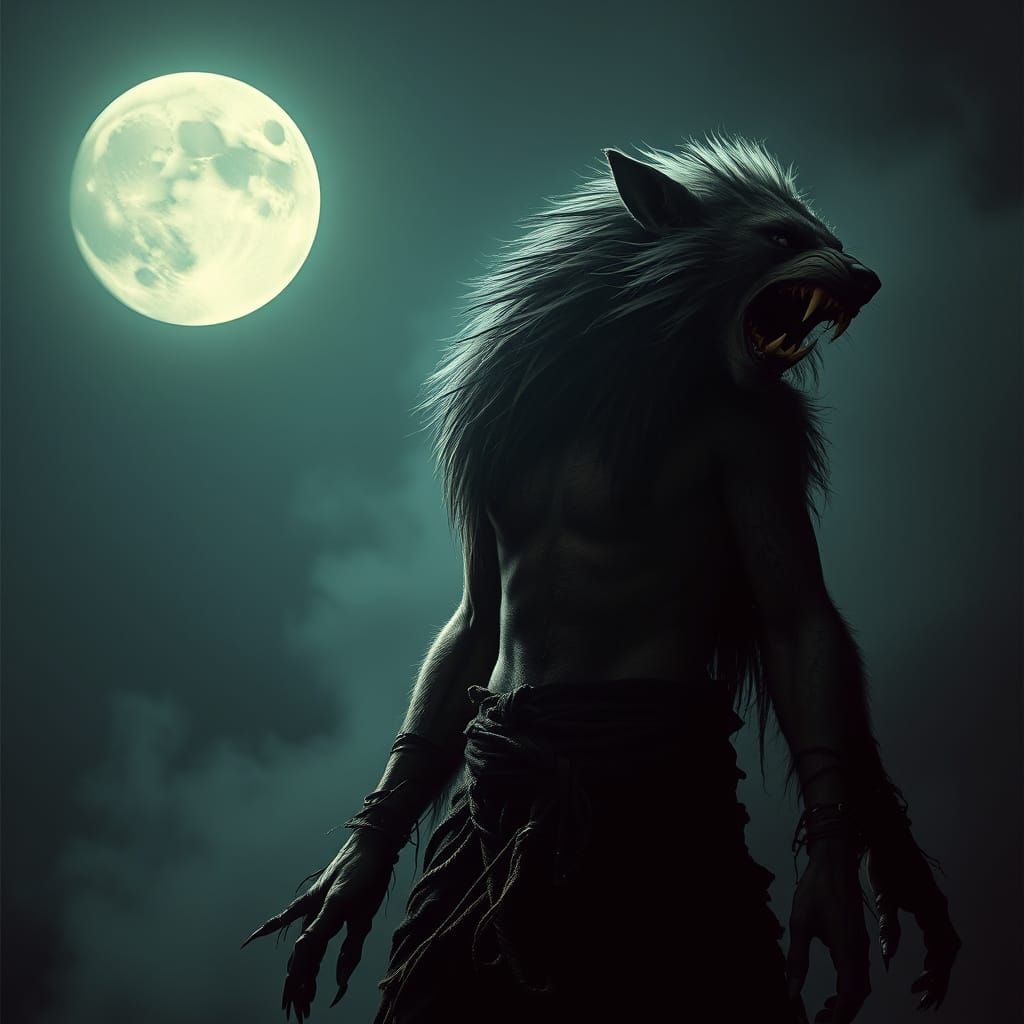 Werewolf Transformation Under Full Moon in Dark Gothic Style