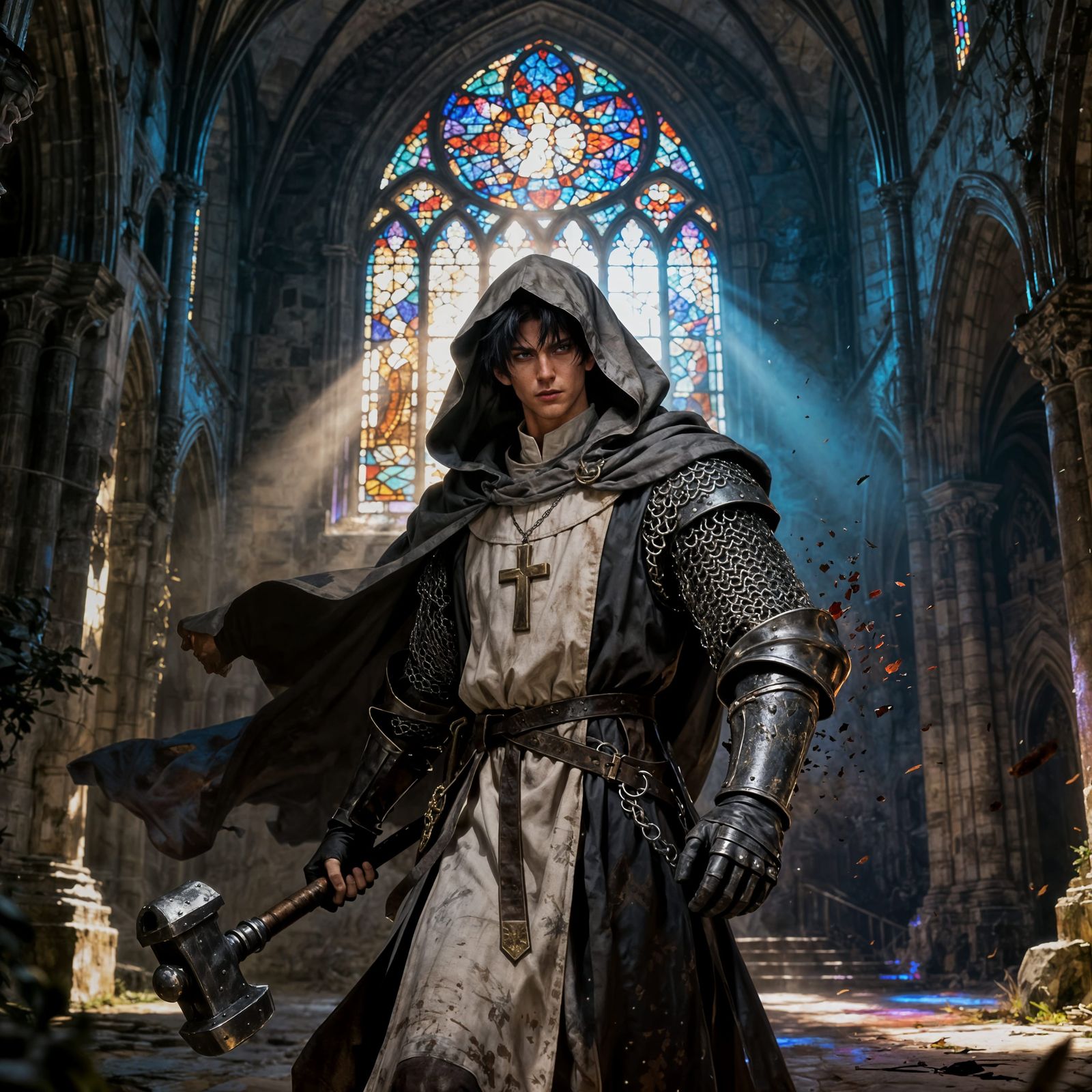 Gritty Priest Warrior in Ancient Abbey