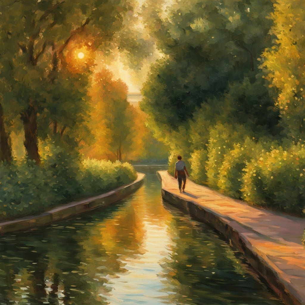 Canal Path Serenity in Golden Hour Light