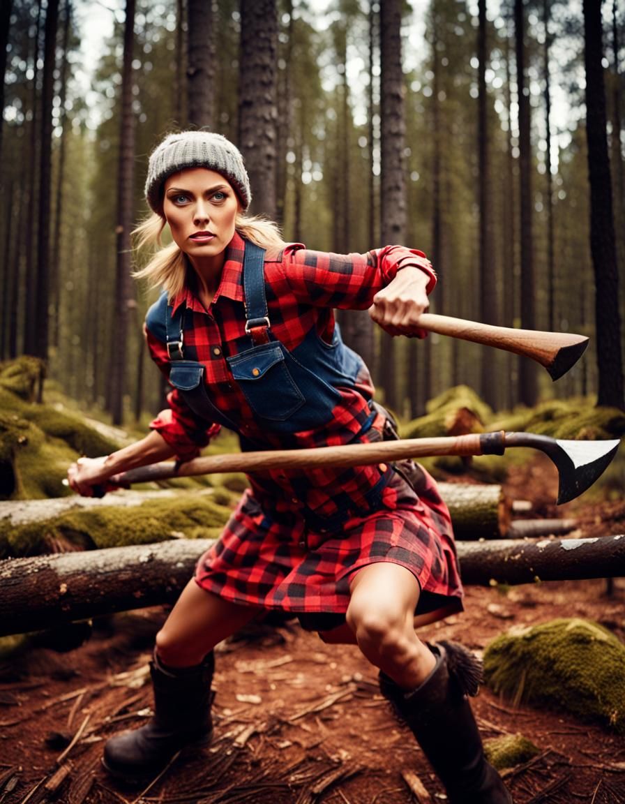 Female Lumberjack Swinging Axe in Forest