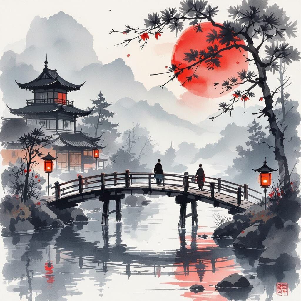 Japanese Watercolor Bridge with Red Lanterns
