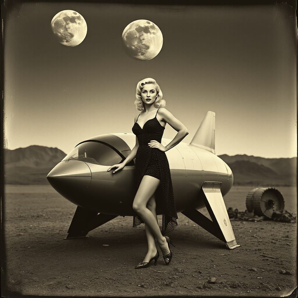 Vintage Pin-Up Woman Poses With Rocket on Mars