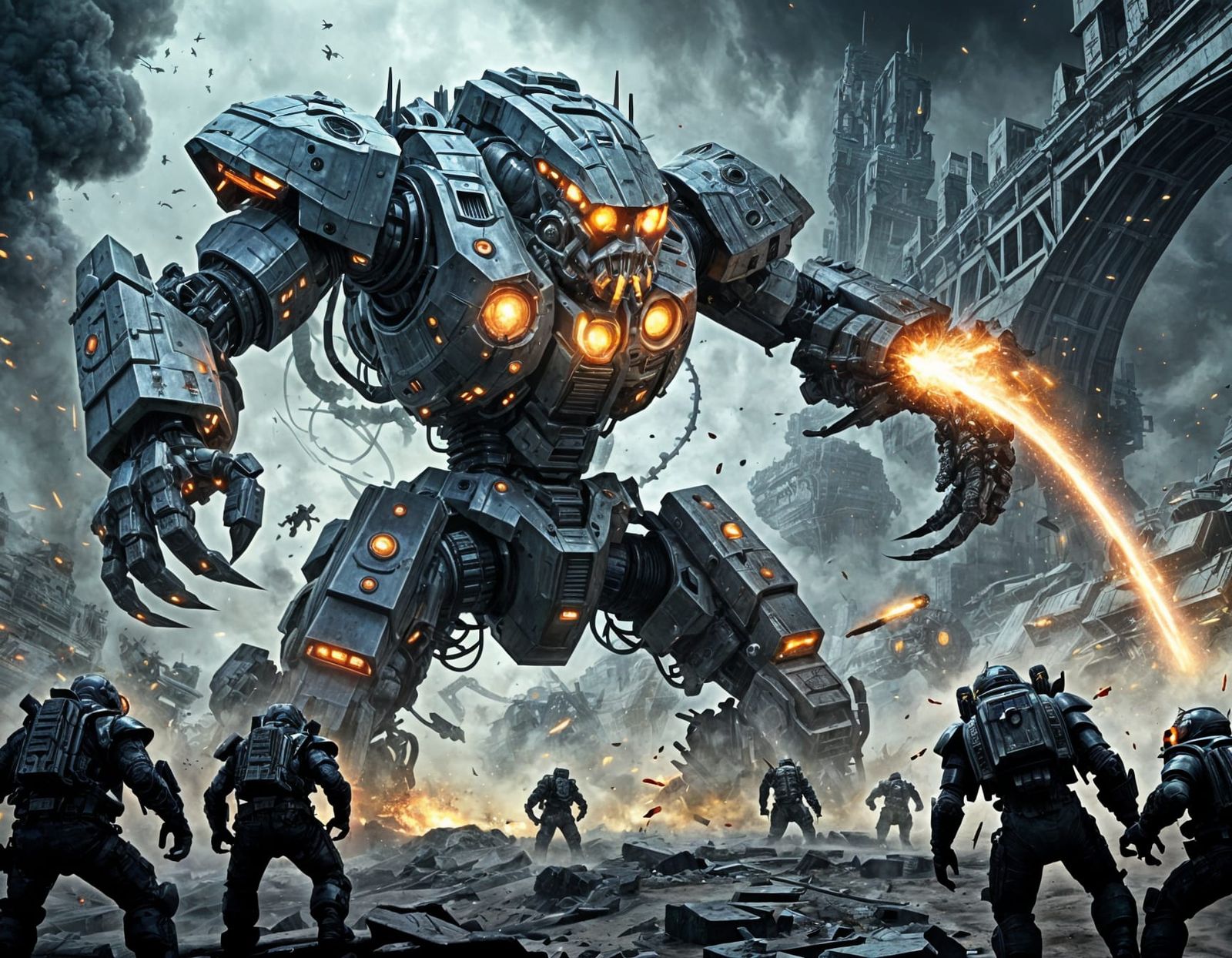 Epic Mech Warrior vs Kaiju Battle Scene