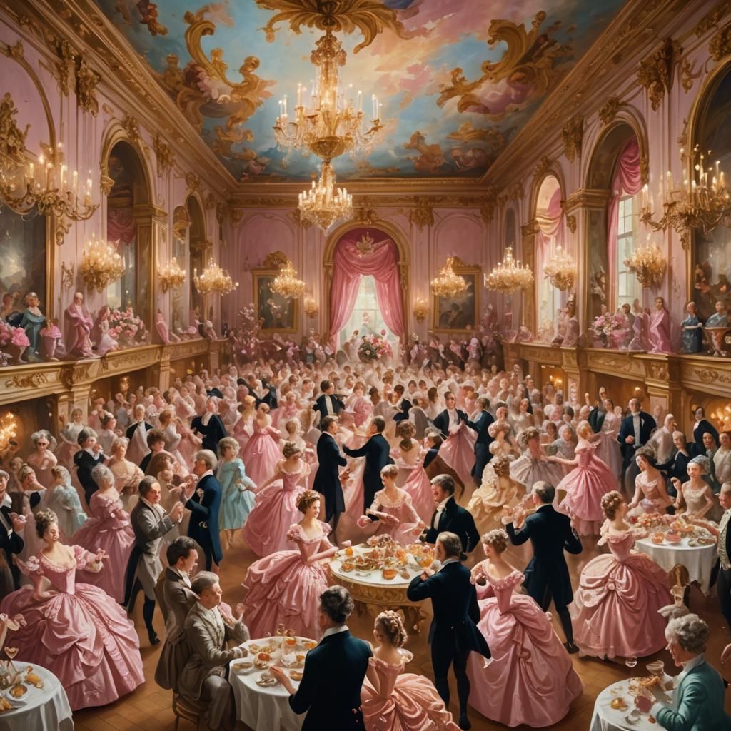 Elegant Rococo Ballroom Scene with Pink Decorations