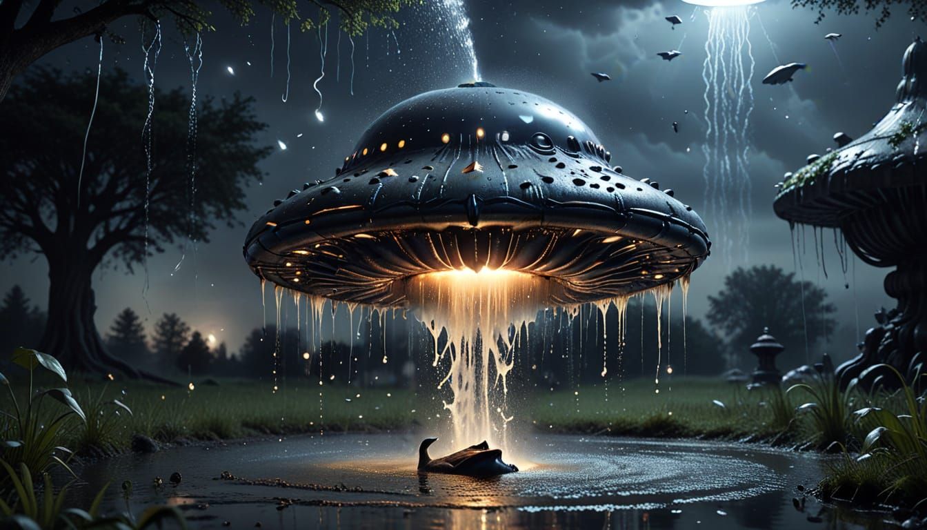 Macabre UFOs Devouring Each Other in Starry Fountains