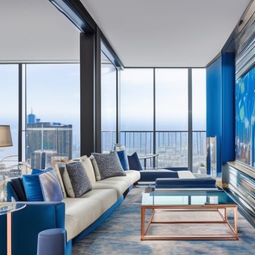 Vertical view high-rise penthouse with a Beautiful view& huge glass windows& Cobalt blue fractals walls with sliver frac...