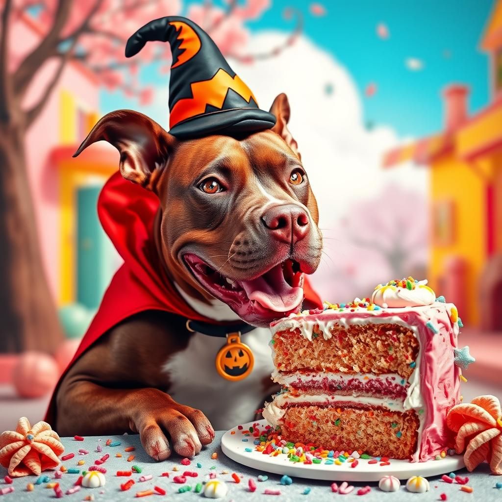 Pitbull Superhero Enjoys Cake: Whimsical Illustration