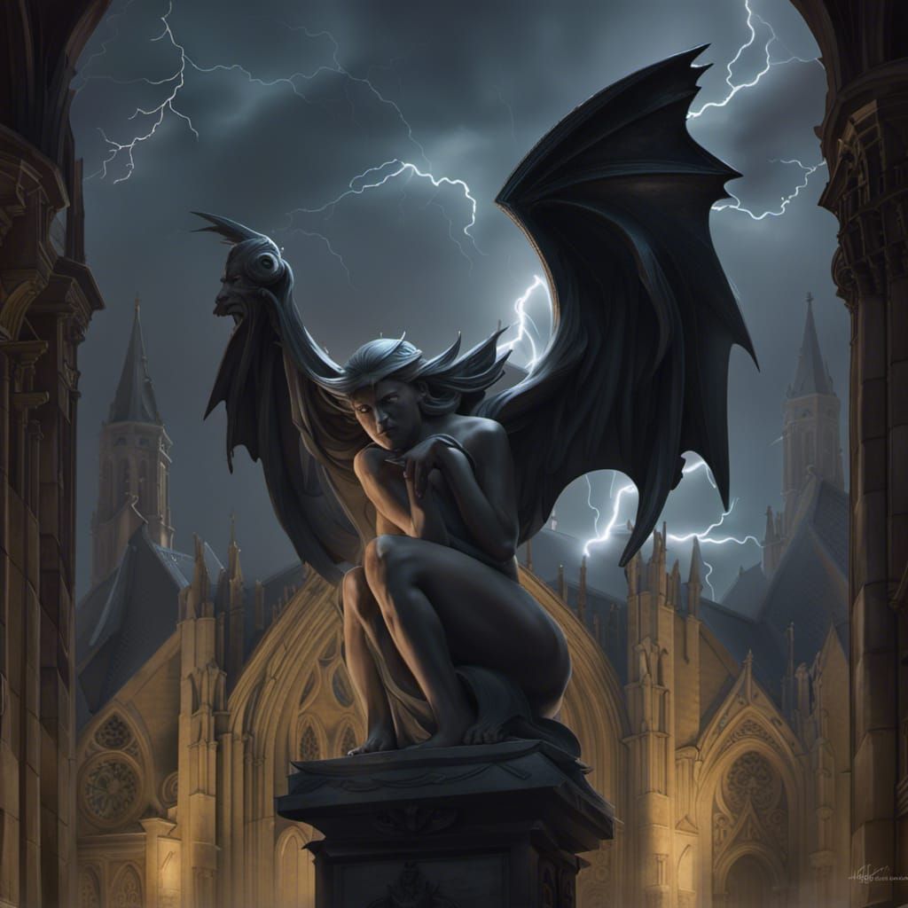 Gothic Gargoyle Statue in Dark Lightning Storm
