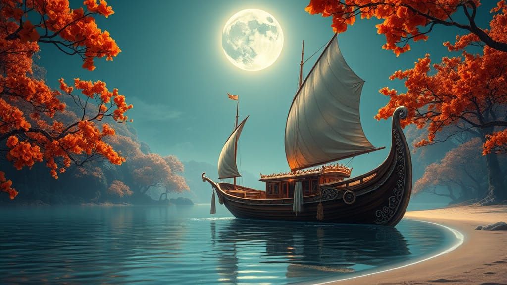 Moonlit Serenity in a Vibrant Fantasy Lagoon