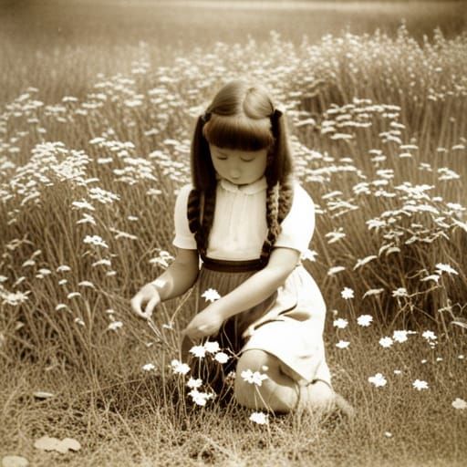 Vintage Photo of Girl Picking Wildflowers