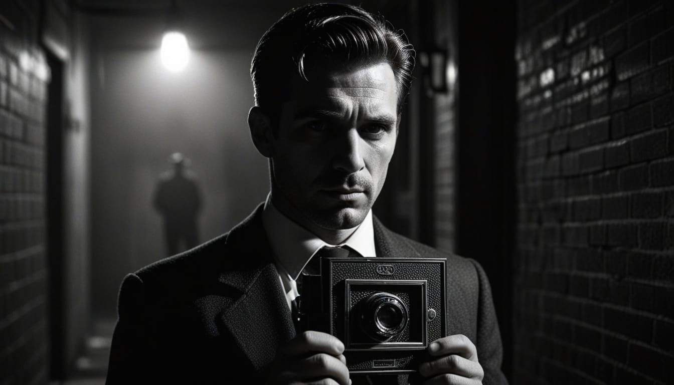 Film Noir Man with Photo in Alleyway
