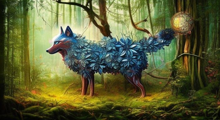 Mystical Wolf in Magical Forest: Japanese Art Style