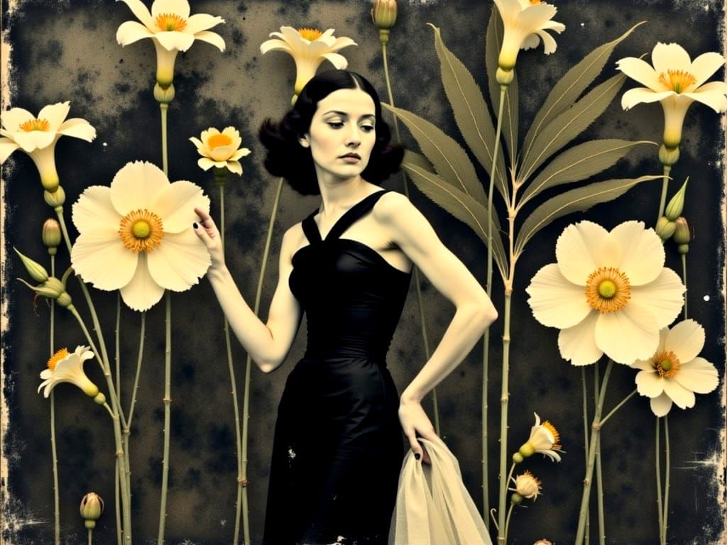 Art Deco Singer Surrounded by Tropical Garden in Impasto