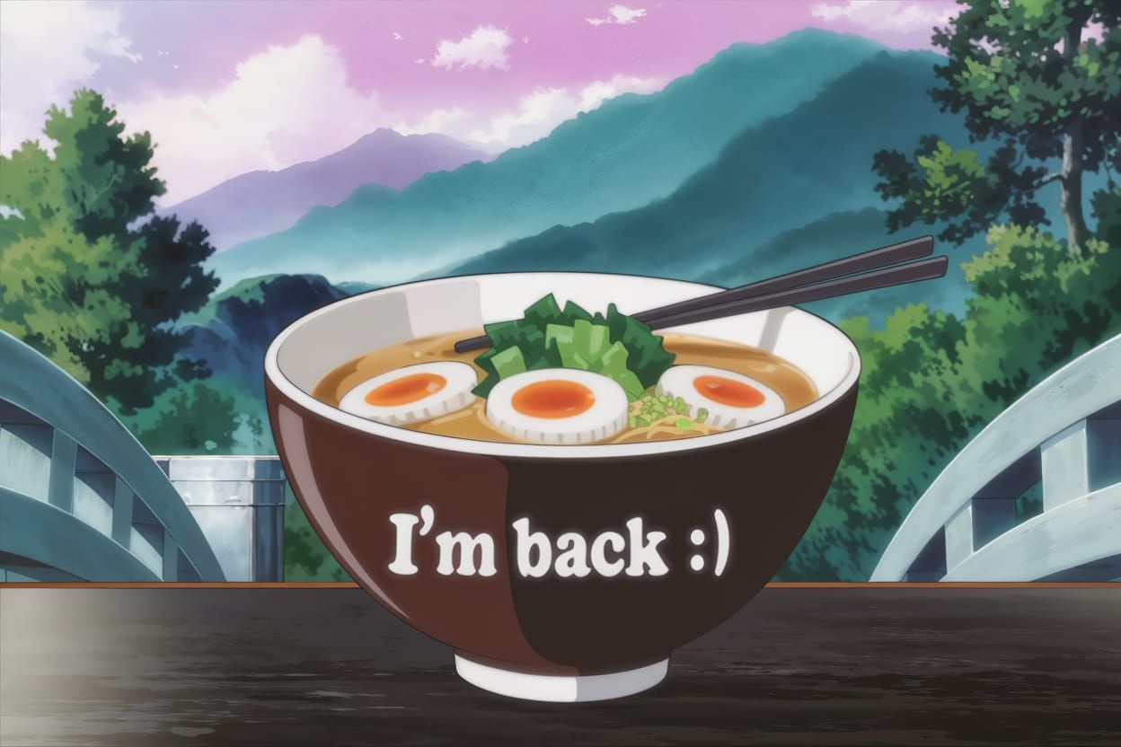 Anime Ramen Bowl with Serene Landscape Background