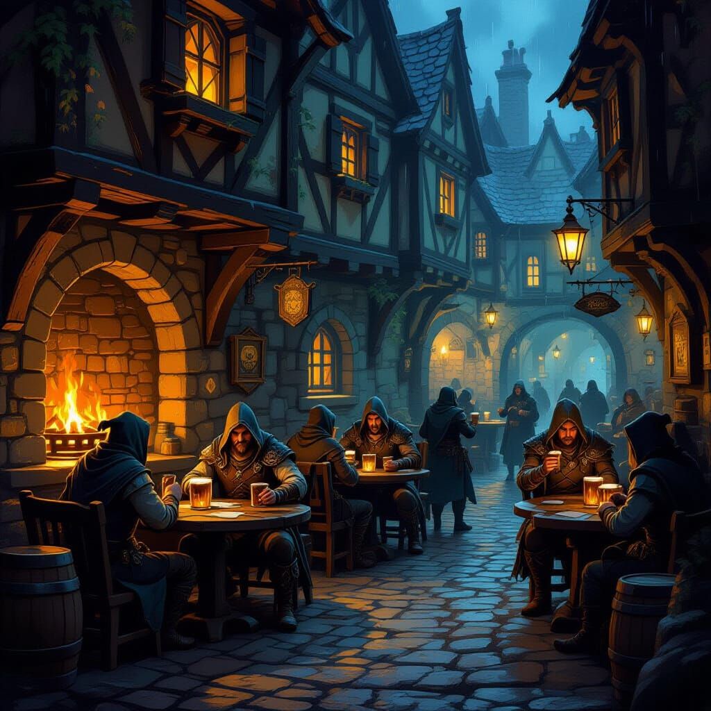 Fantasy Tavern Scene with Adventurers in Storybook Illustrat...