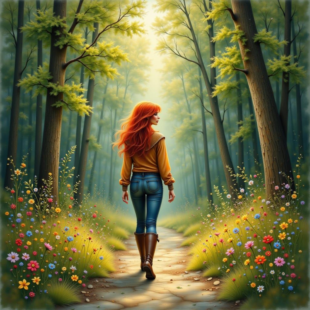 Woman Walks Forest Path in Atmospheric Landscape