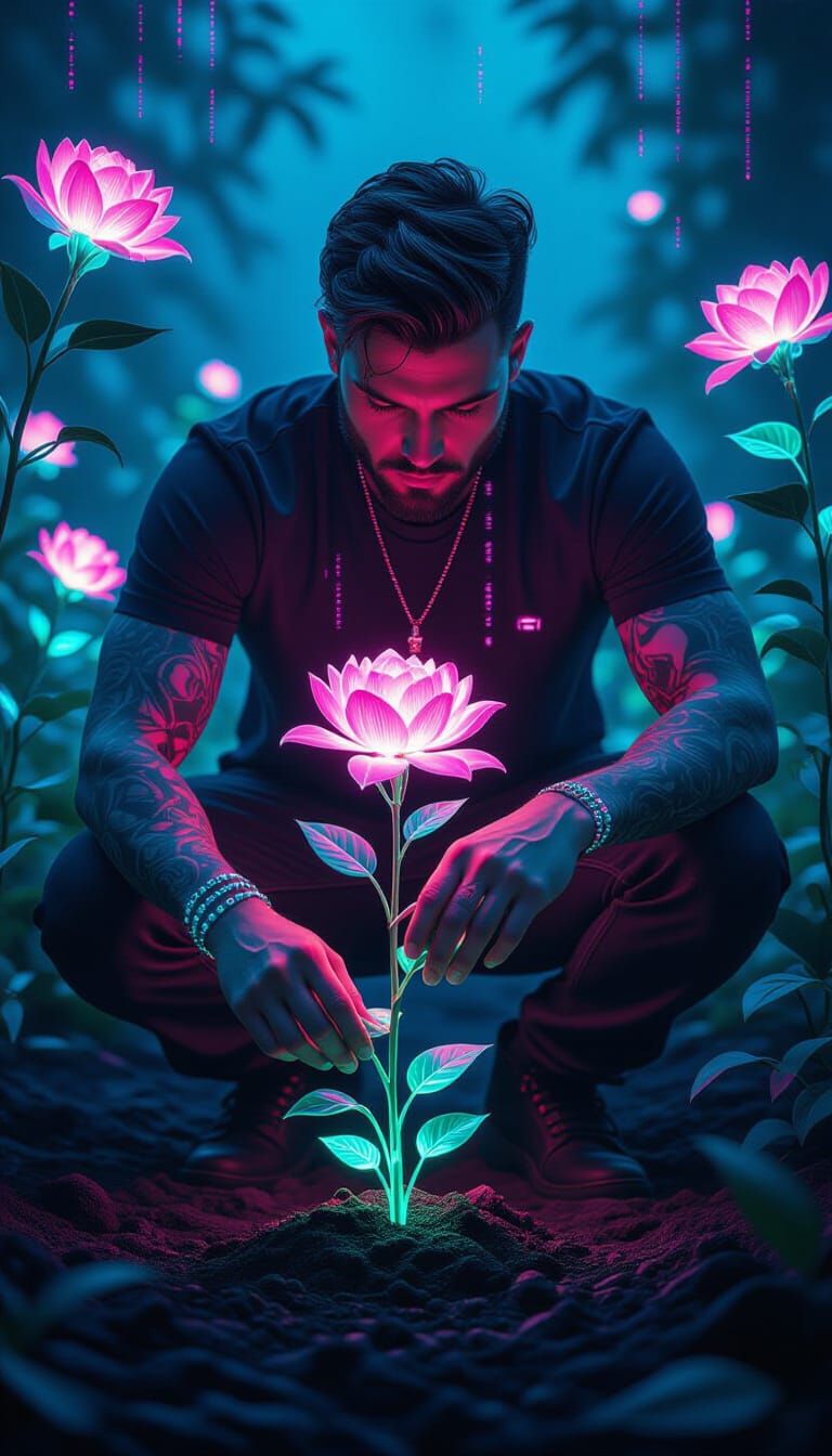 Cybernetic Gardener in Neon Glow