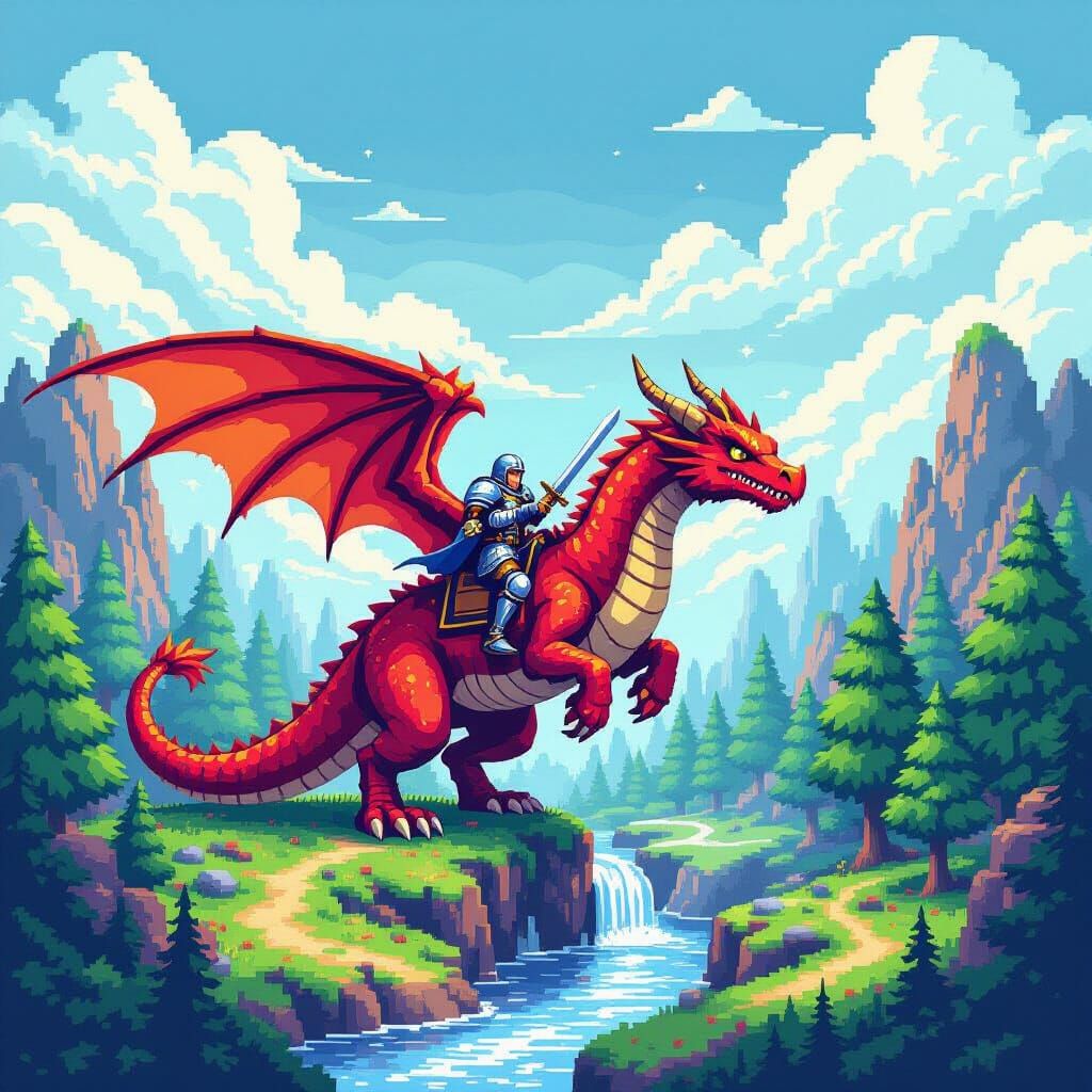 Pixelated Knight Rides Dragon in Retro Fantasy Game