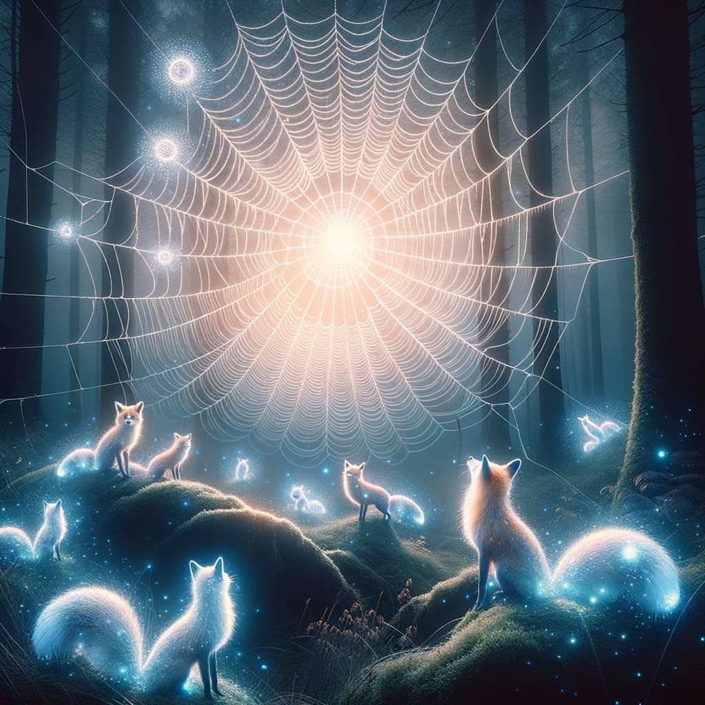 Ethereal Forest Clearing with Giant Spiderweb and Foxes