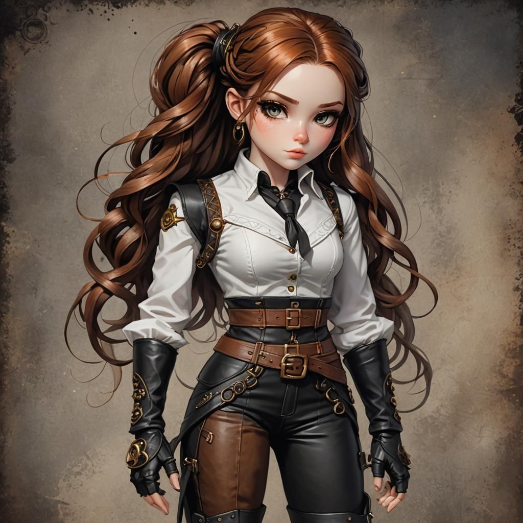 Steampunk Chibi Girl with Auburn Hair and Golden Eyes