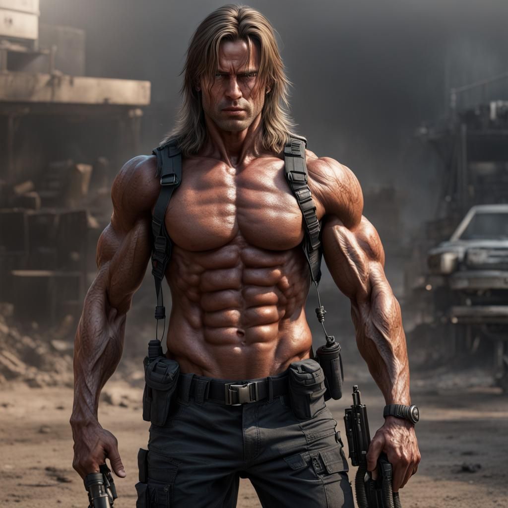 Hyperrealistic Muscular Man as Sarah Connor