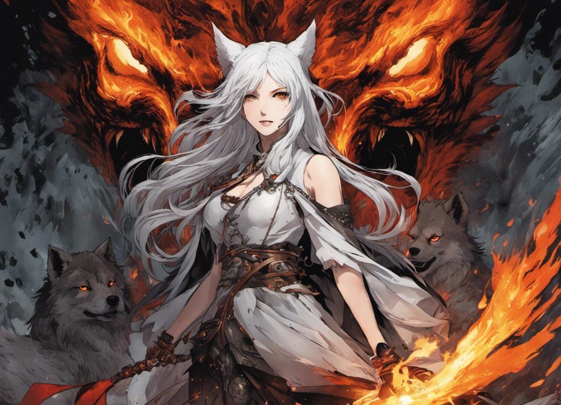 Anime Kitsune Girl Surrounded by Magic Wolves