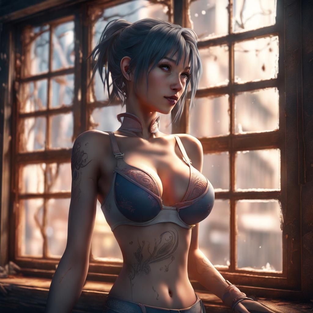 Anime Woman Against Window in Detailed Matte Painting