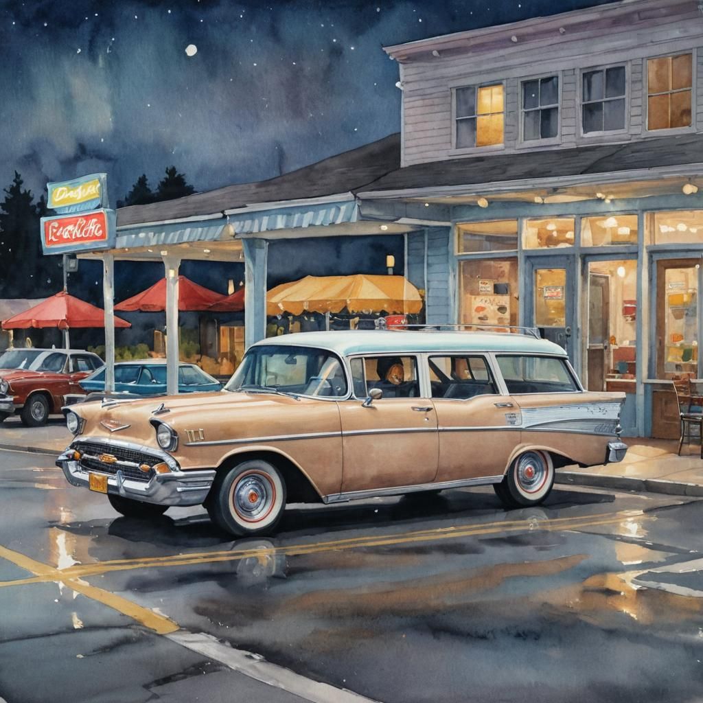1957 Chevy Wagon at Diner: Watercolor Painting