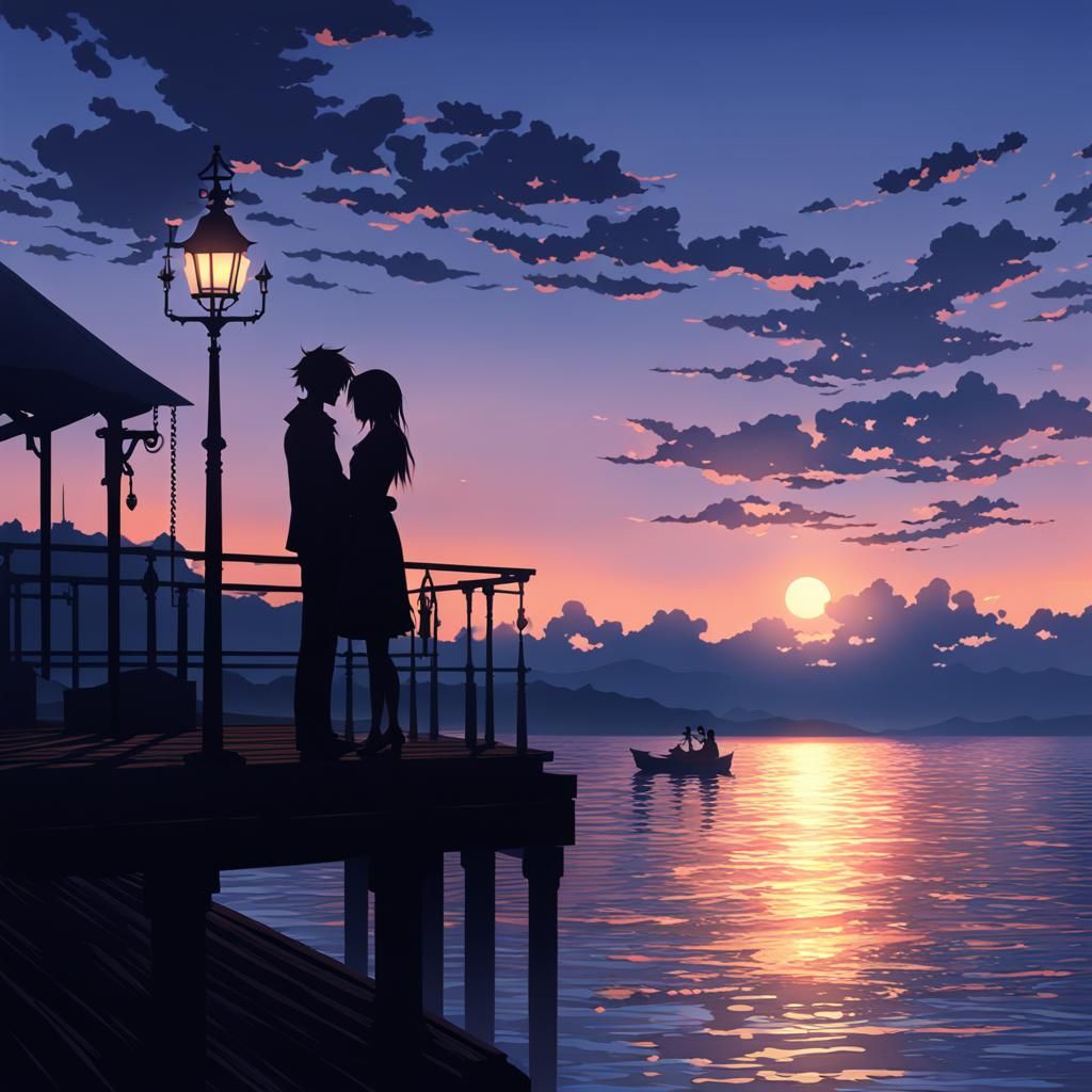 silhouette of a couple in love on a pier at sunset