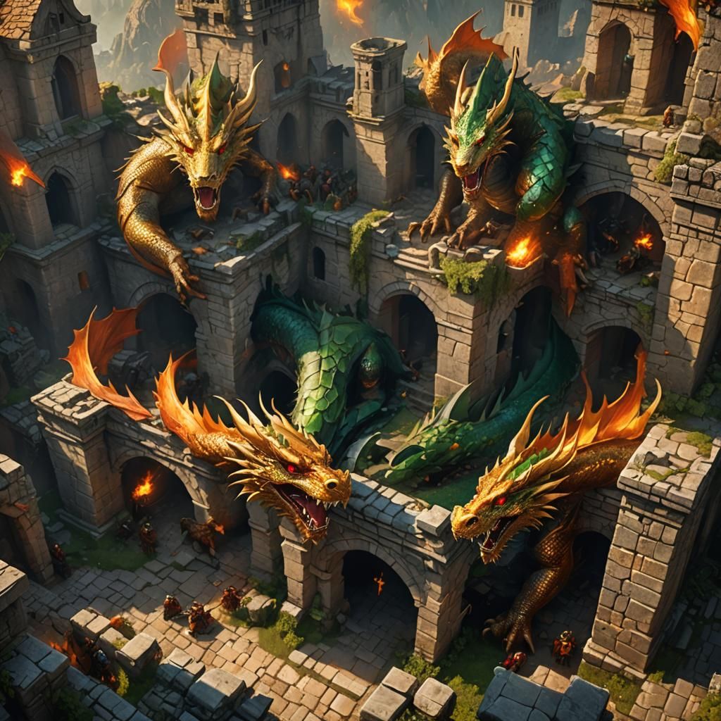 Golden Dragons Devouring Humans in Ruined Village