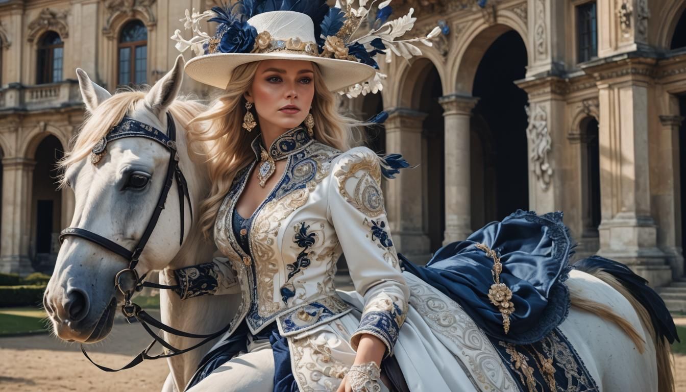 Hyperrealistic Portrait: Blonde Woman on Horse in Park