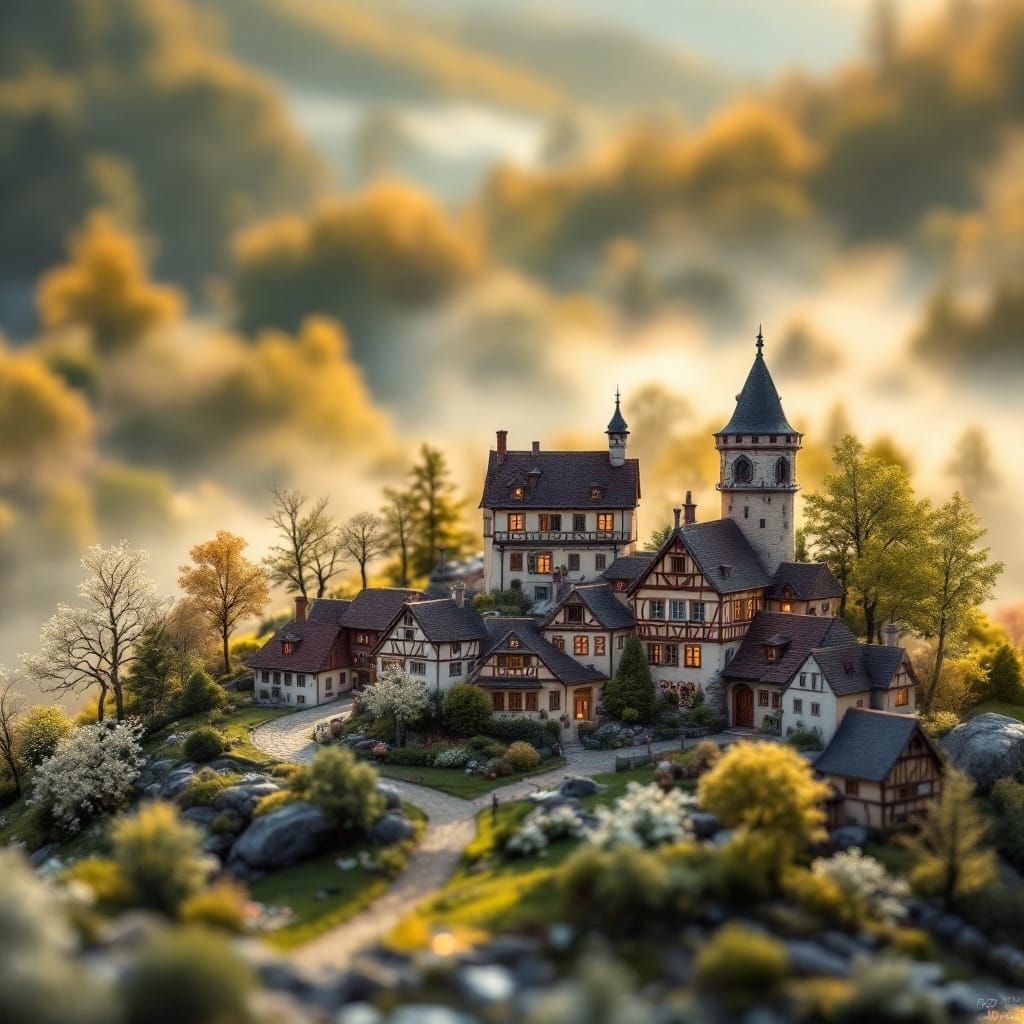Miniature German Village in Springtime Golden Light