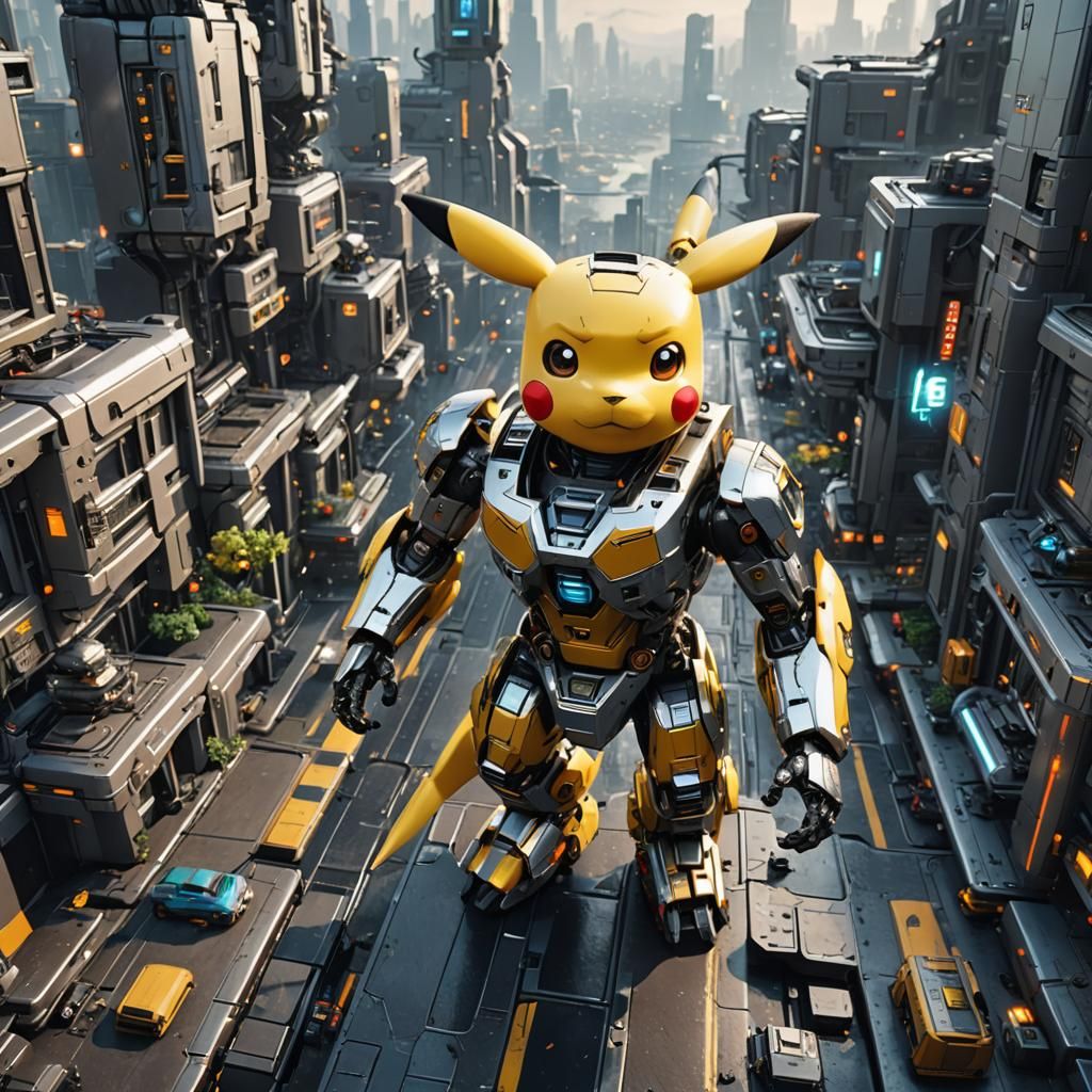 Robotic Pikachu in a Futuristic Sci-Fi City