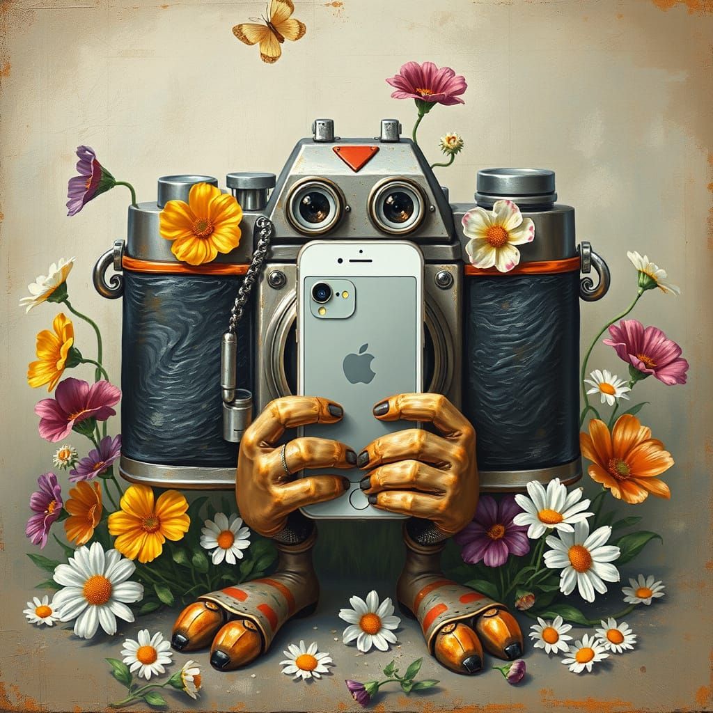 Vintage Camera Character Taking a Selfie