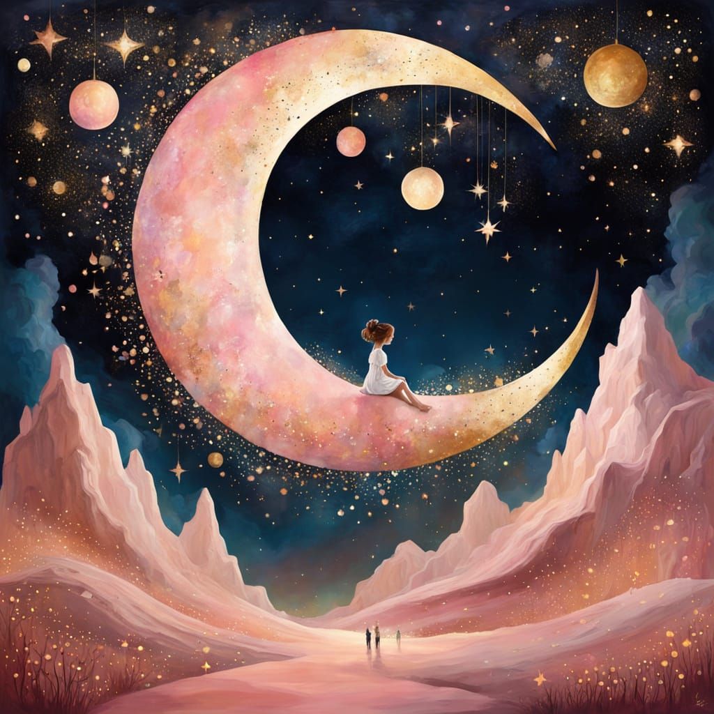 Crescent cradle glows, Lone dreamer on golden arc— Wanderers below.