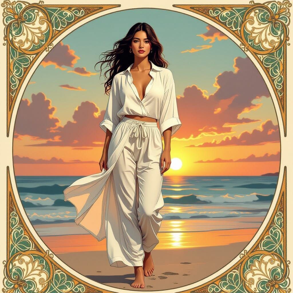 Woman on Beach in Art Nouveau Style